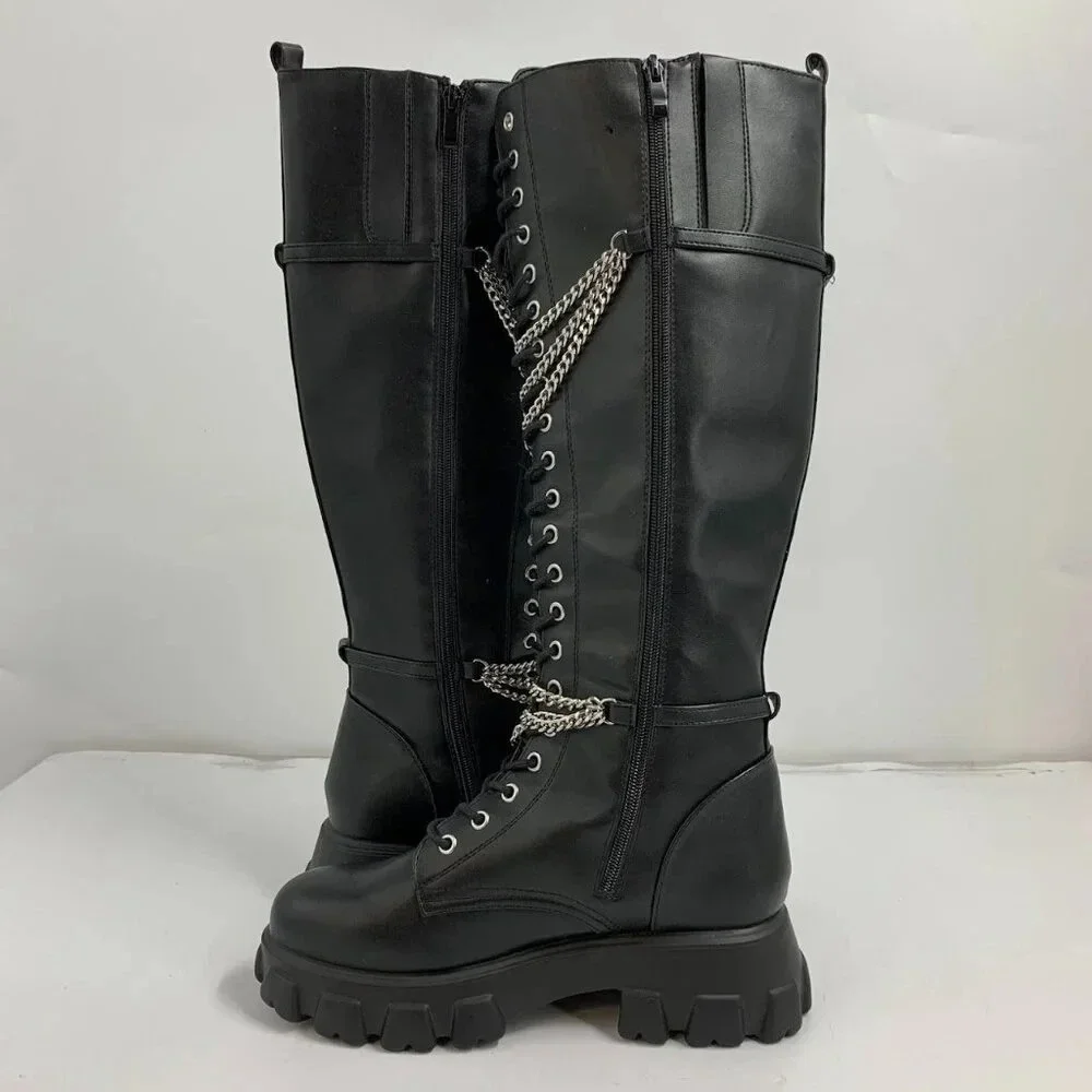Hot Topic Women’s Black Chains Platform Side Zip Knee-High Boots Size 10 NWOB - Picture 3 of 16
